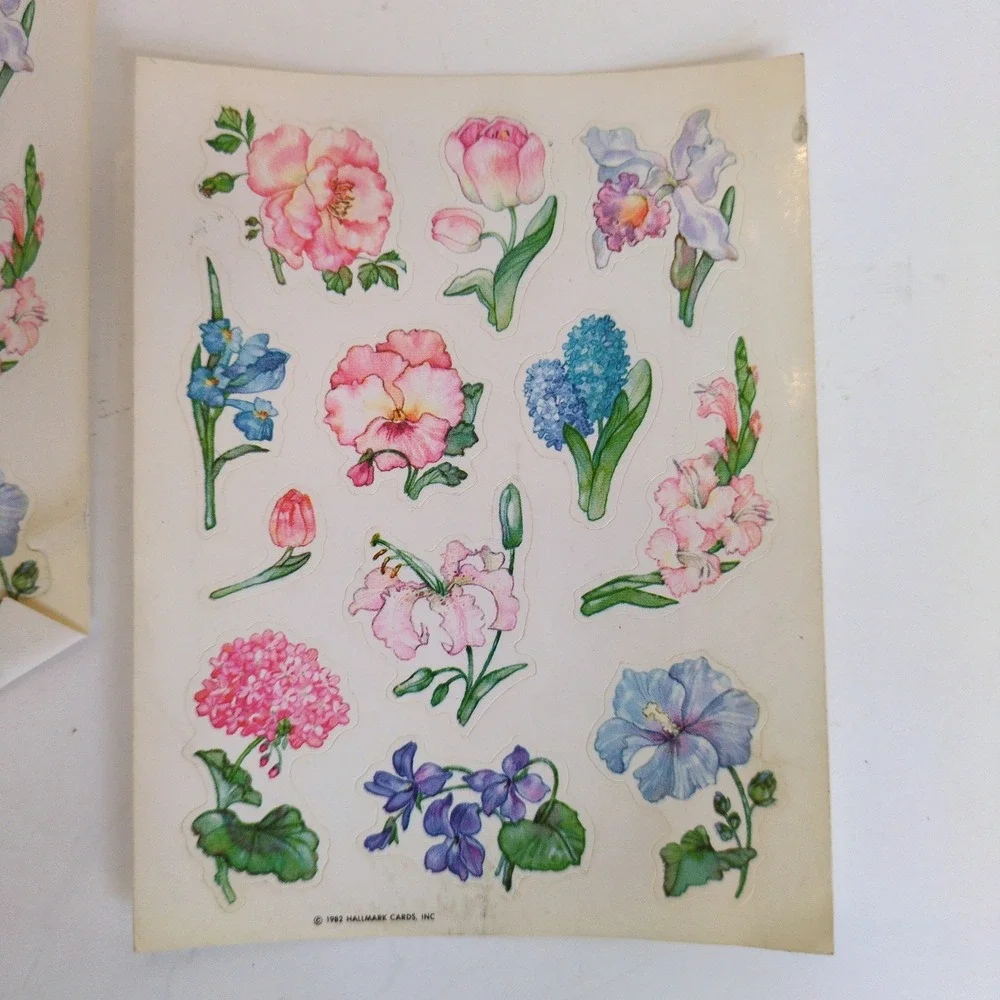 Vintage 80s Hallmark Flower‎ Sticker Sheets (2) - Iris, Peony, Hydrangea, Tulip